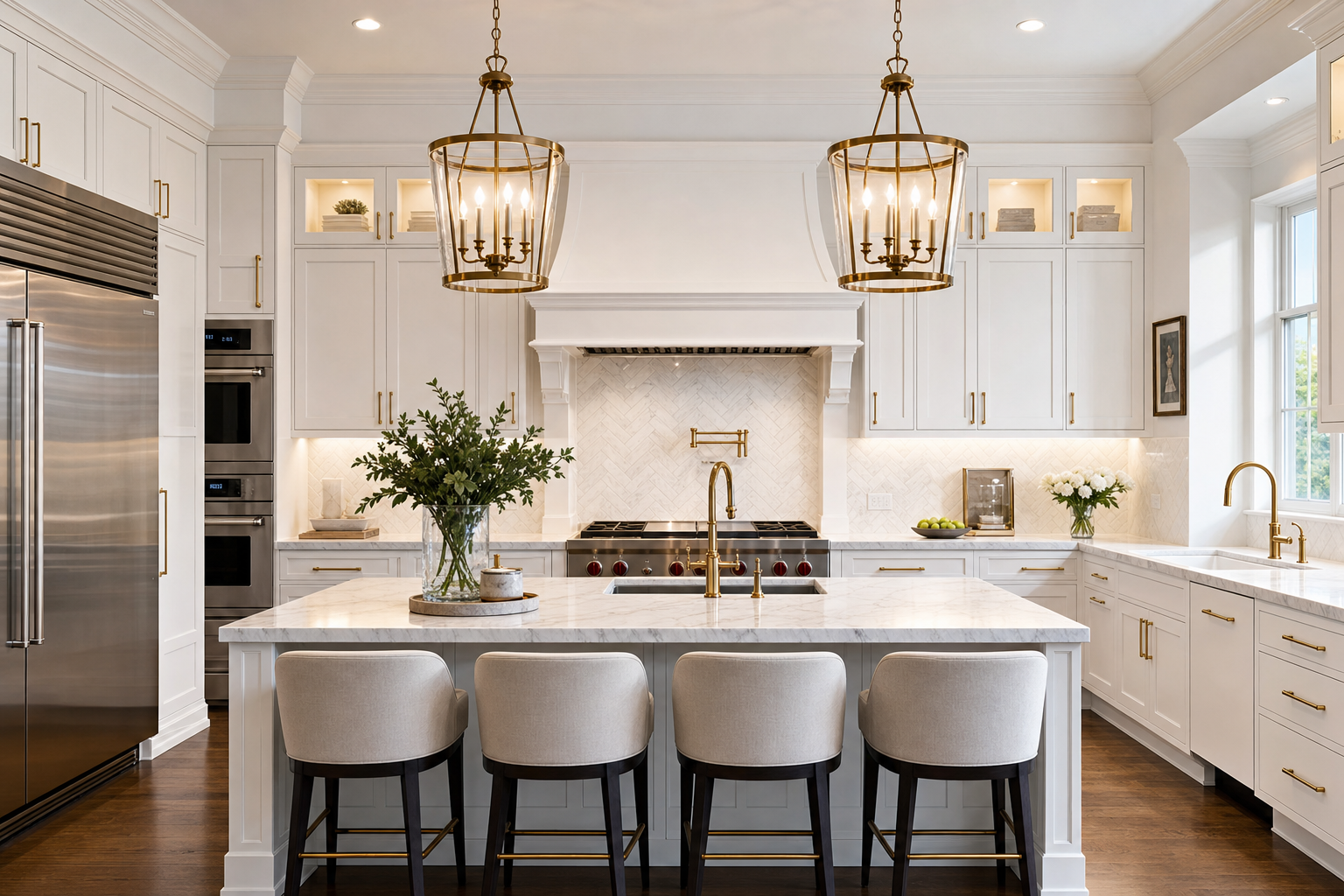 Luxury kitchen renovation with marble countertops and brass fixtures
